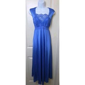 Vtg 1980s OLGA Long Nightgown Stretch Lace Bodice Blue Nylon 92680 Size Large